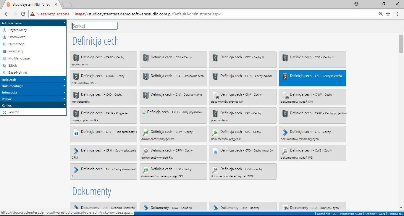 Moduł administracyjny StudioSystem, skorowidze definicji cech