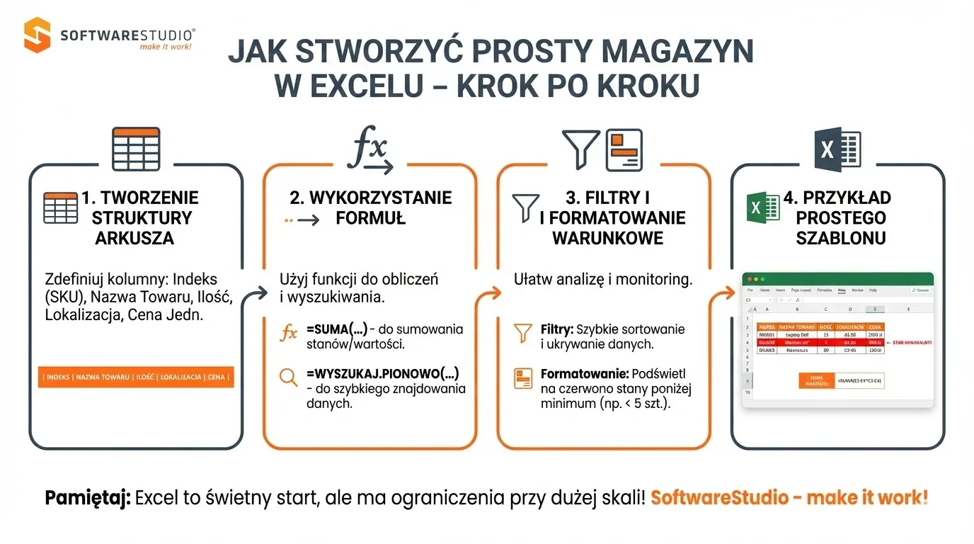 Infografika SoftwareStudio przedstawiająca 4 kroki, jak stworzyć prosty magazyn w Excelu, od struktury arkusza po wykorzystanie formuł i filtrów.